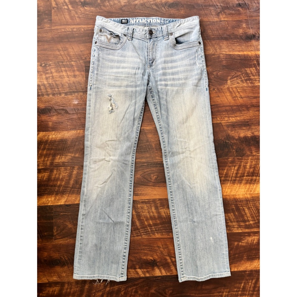 Vintage Affliction Cooper Jeans Mens 34 Light Wash Good Distressed Straight Y2K